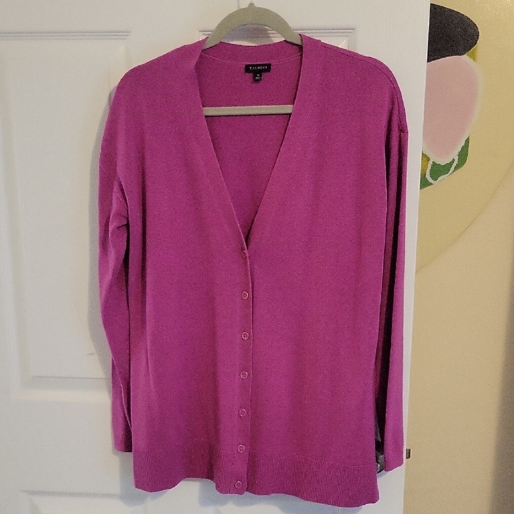 Talbots Magenta cotton blend V-Neck Long sleeve SzM ribbed Cardigan